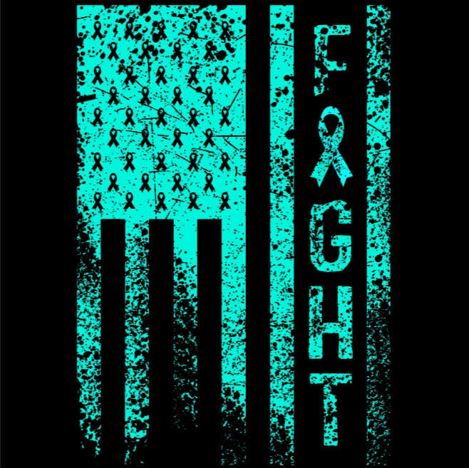 A distressed teal graphic on a black background featuring a stylized American flag made of ribbon motifs and the word “FIGHT” running vertically.