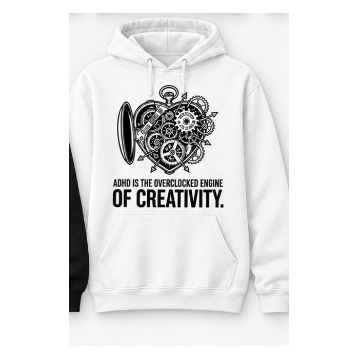 ADHD Awareness hoodie — Overclocked Engine of Creativity, white