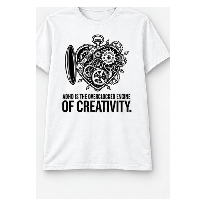 ADHD Awareness T-shirt — Overclocked Engine of Creativity, white