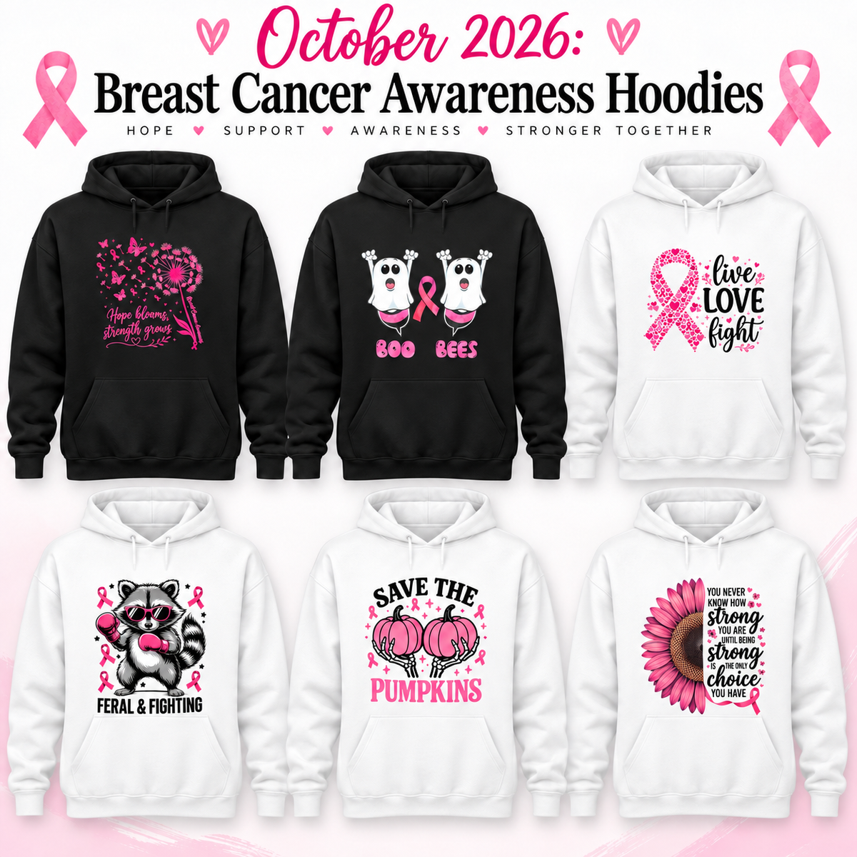 October 2026 Breast Cancer Awareness Hoodies - six designs